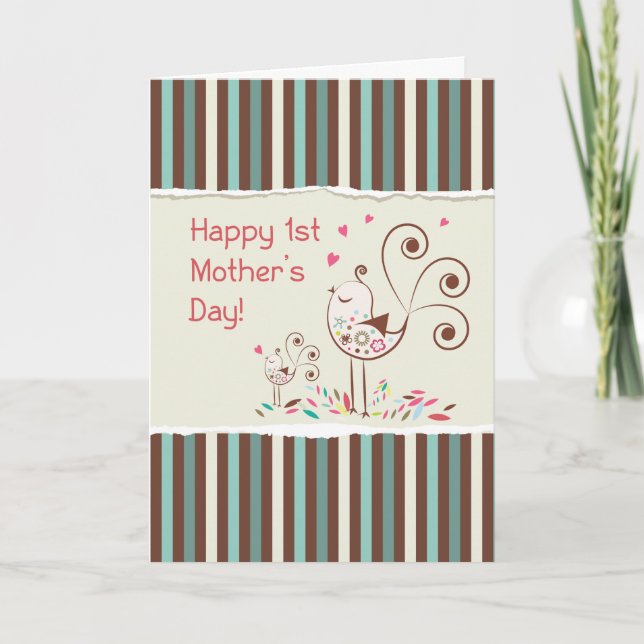 Happy First Mother’s Day, Cute Birds on Stripes Card (Front)
