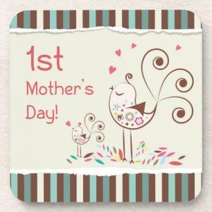 Happy First Mother’s Day, Cute Birds on Stripes Drink Coaster