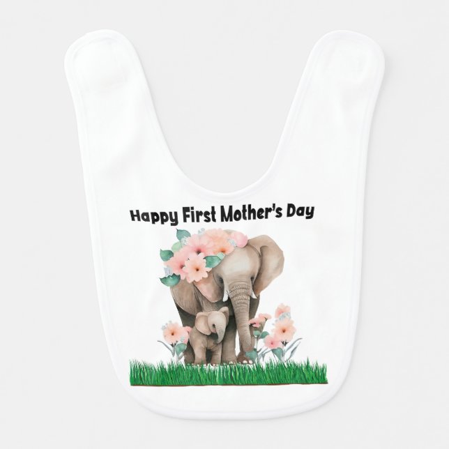 happy first Mother‘s day cute elephant Baby Bib (Front)