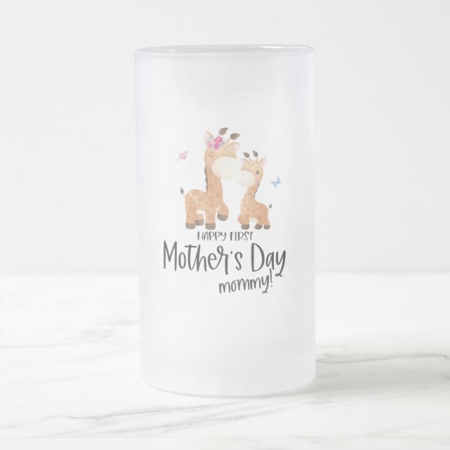 Happy First Mother’s Day 🦒 Giraffe + Butterflies Frosted Glass Beer Mug (Center)