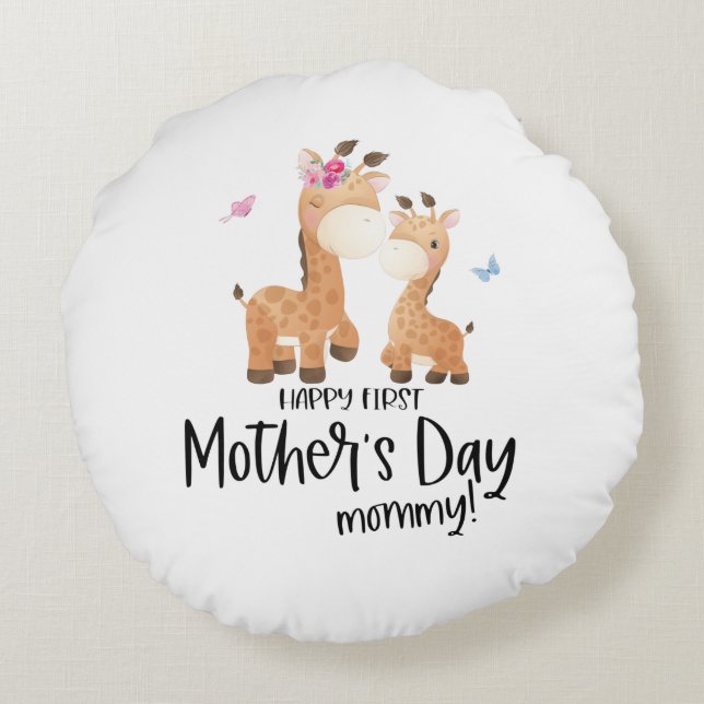 Happy First Mother’s Day 🦒 Giraffe + Butterflies Round Pillow (Back)