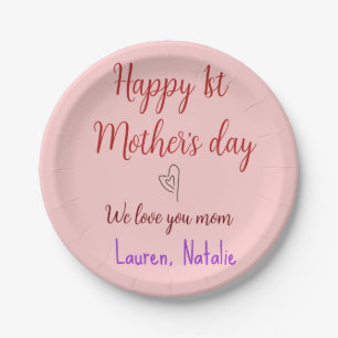 Happy first mothers day add name text mommy heart paper plates