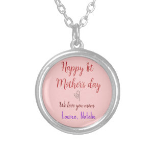 Happy first mothers day add name text mommy heart silver plated necklace