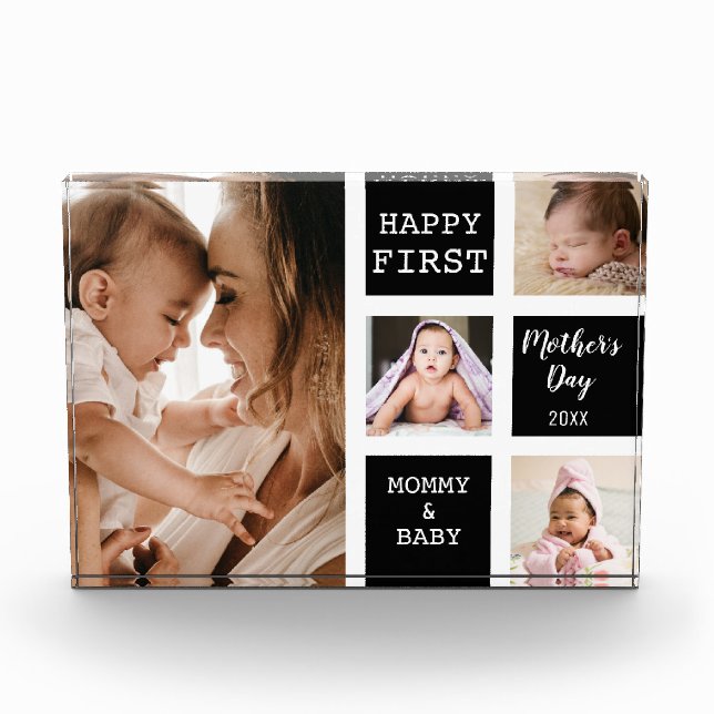 Happy First Mother's Day Black 4 Photo Collage   Block (Front)