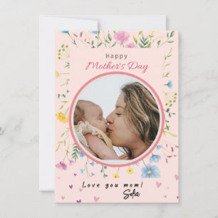 Happy First Mothers Day Cute Modern Flowers Photo Holiday Card