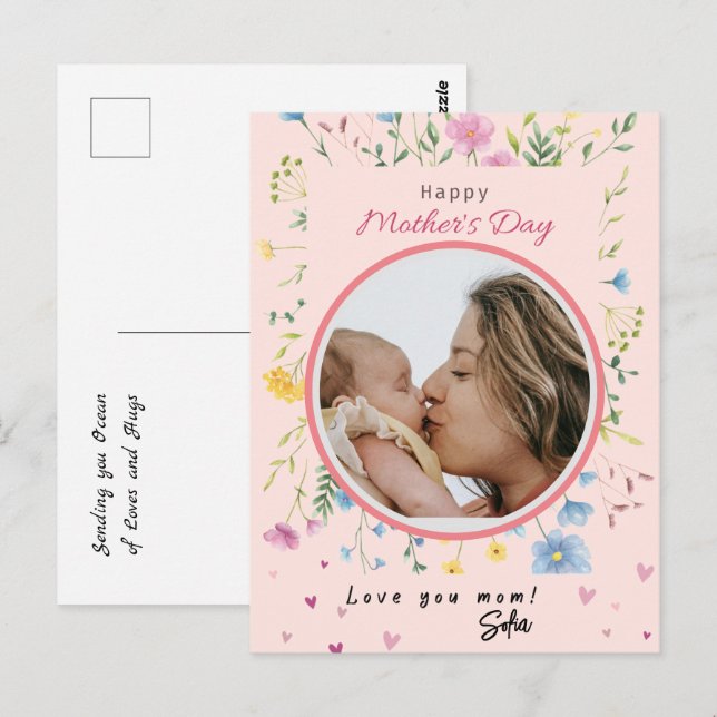 Happy First Mothers Day Cute Modern Flowers Photo Postcard (Front/Back)