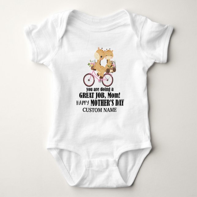 Happy First Mother's Day Giraffes on Bike + Name Baby Bodysuit (Front)