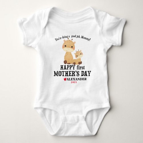 Happy First Mothers Day Giraffes With Name  Year Baby Bodysuit
