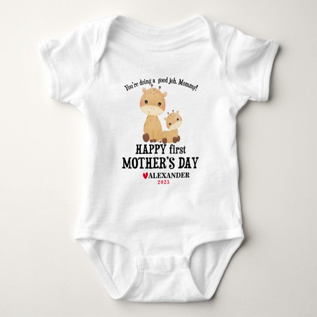 Happy First Mother's Day Giraffes With Name + Year Baby Bodysuit (Front)