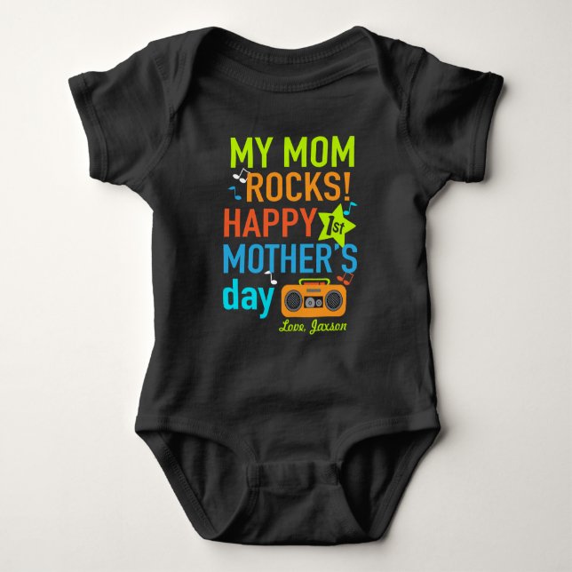 Happy First Mother's Day Shirt Boys My Mom Rocks (Front)
