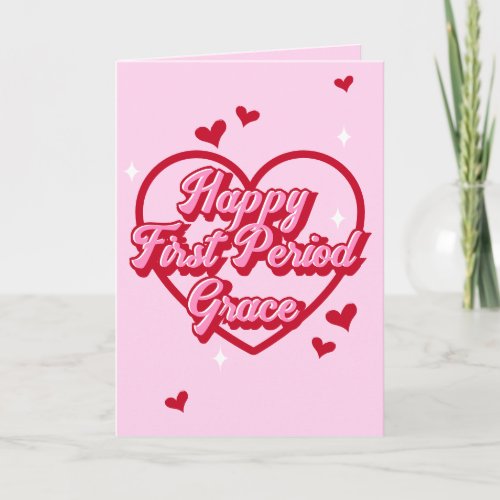 Happy First Period Name Pink Cute Retro Heart Card