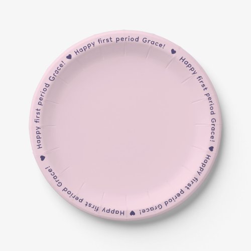 Happy First Period Party Pink Purple Name Border Paper Plates