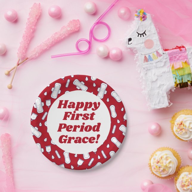 Happy First Period Party Red Tampon Pad Name Paper Plates (Party)