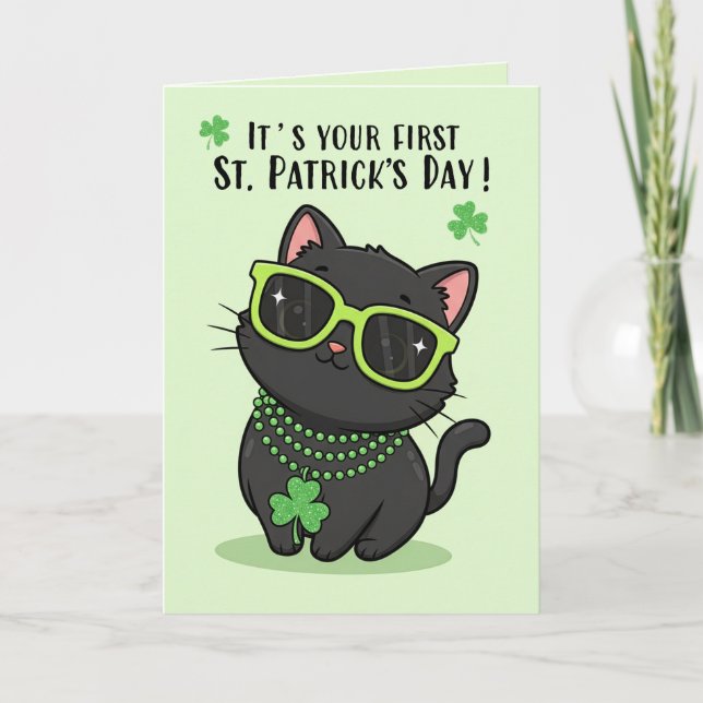 Happy First St Patricks Day Baby Cute Kitten  Holiday Card (Front)