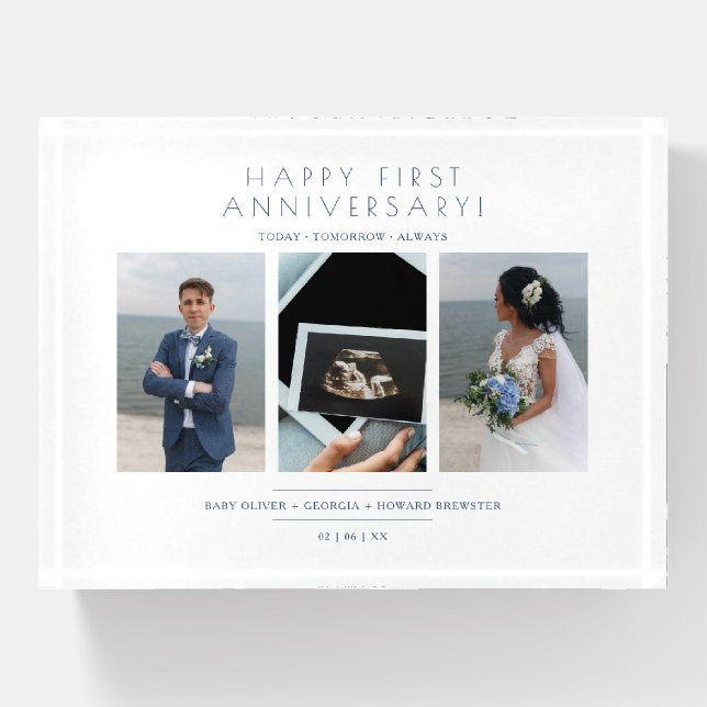 Happy First Wedding Anniversary 3 Photos Collage Paperweight (Front)