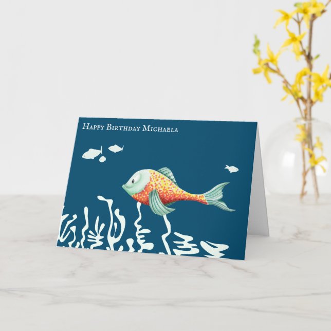 Happy Fish Cute Personalized Birthday Card (Yellow Flower)