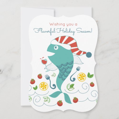 Happy fish wine chef restaurant catering Christmas Holiday Card