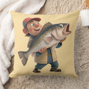 Happy Fisherman w/a Cute Big Fish Throw Pillow