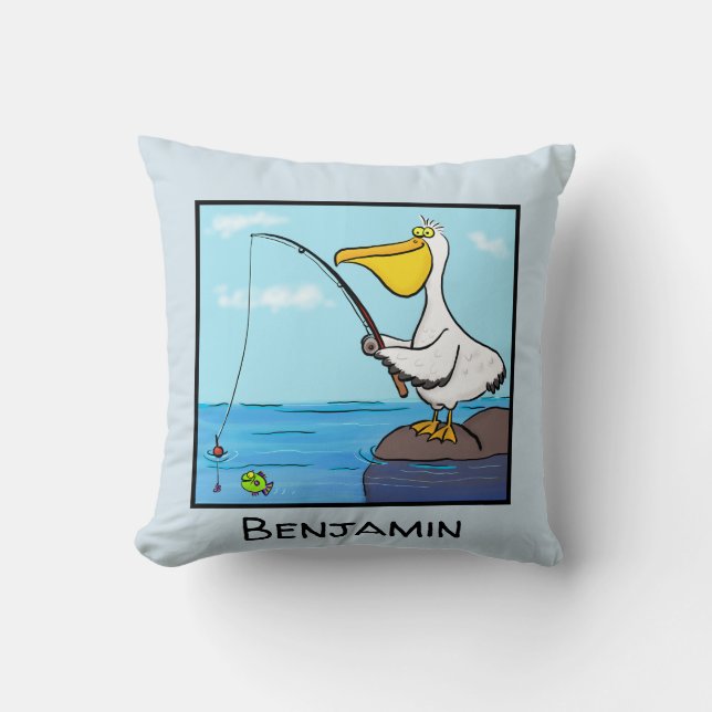 Happy fishing pelican cartoon throw pillow (Front)