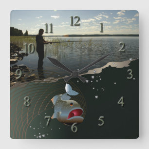 Happy fishing square wall clock