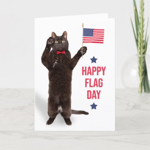 Happy Flag Day Funny Black Cat Holding Flag Holiday Card