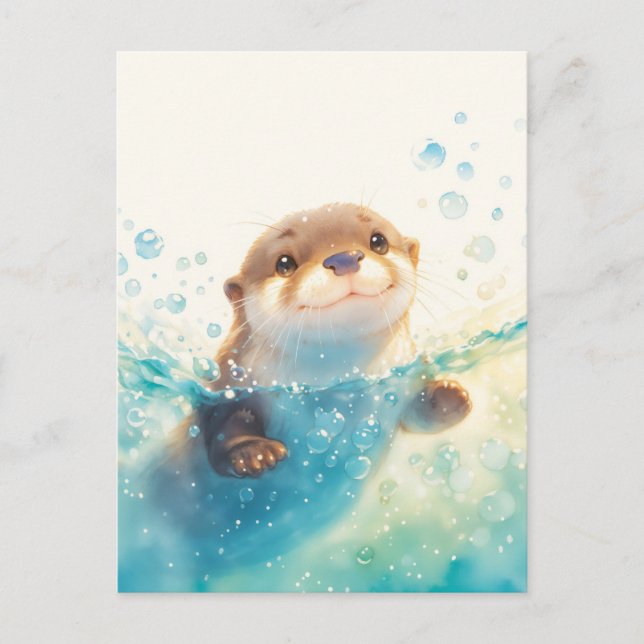 Happy Floating Otter in Sparkling Water Postcard (Front)