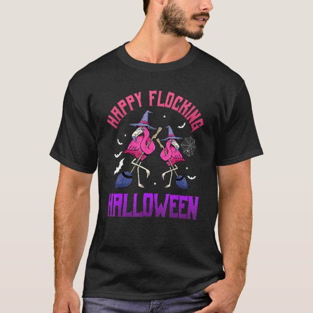 Happy Flocking Halloween  Pink Flamingo Witch T-Shirt (Front)