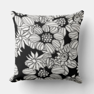 Happy Floral Black & White Trendy Print Throw Pillow