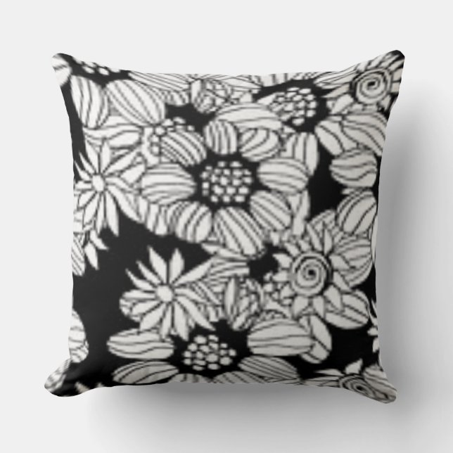 Happy Floral Black & White Trendy Print Throw Pillow (Front)