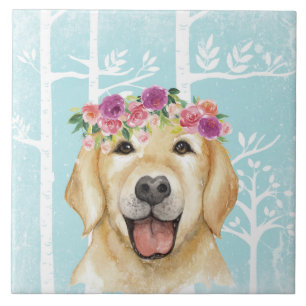 Happy Flower Animal in Blue Forest-Dog-Retriever Ceramic Tile