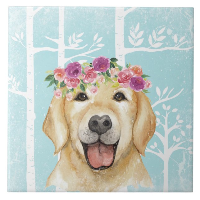 Happy Flower Animal in Blue Forest-Dog-Retriever Ceramic Tile (Front)
