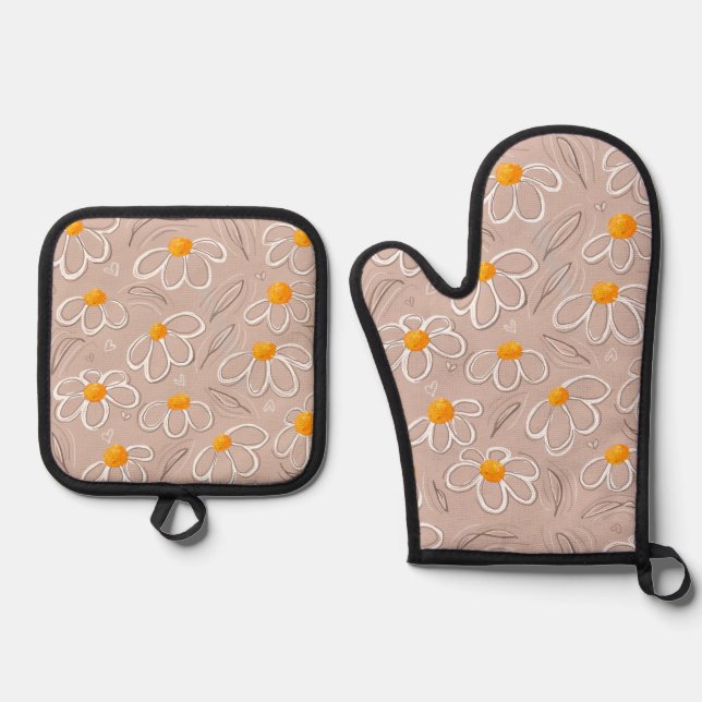 Happy Flower Doodles Oven Mitt & Pot Holder Set (Front)