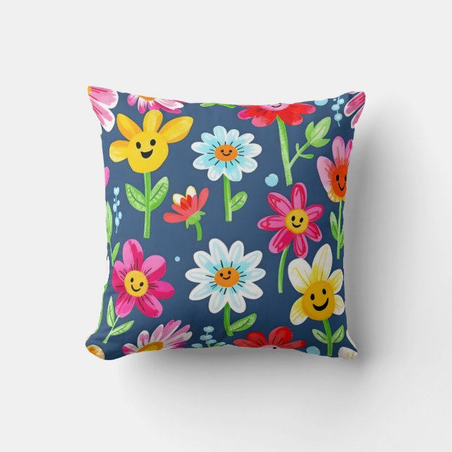 Happy Flower Face Pattern.Modern Outdoor  Throw Pillow (Front)