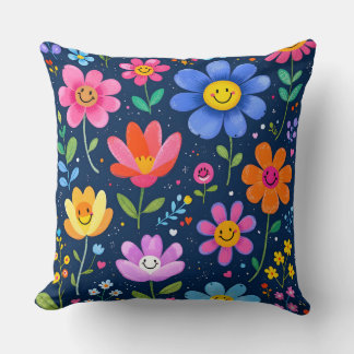 Happy Flower Faces Pattern.Modern Outdoor Throw Pillow