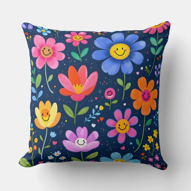 Happy Flower Faces Pattern.Modern Outdoor   Throw Pillow (Front)