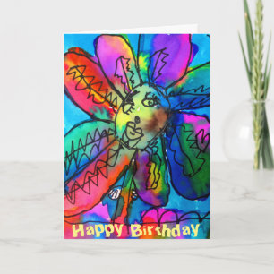 Happy Flower kid's art pink and blue birthday Card