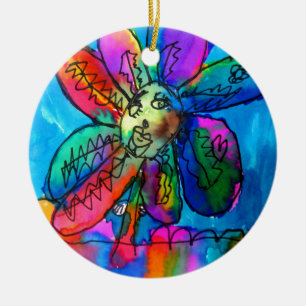 Happy Flower kid's art pink and blue pen and ink Ceramic Ornament