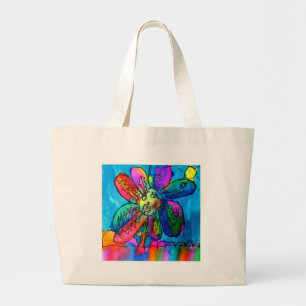 Happy Flower kid's art pink and blue pen and ink Large Tote Bag