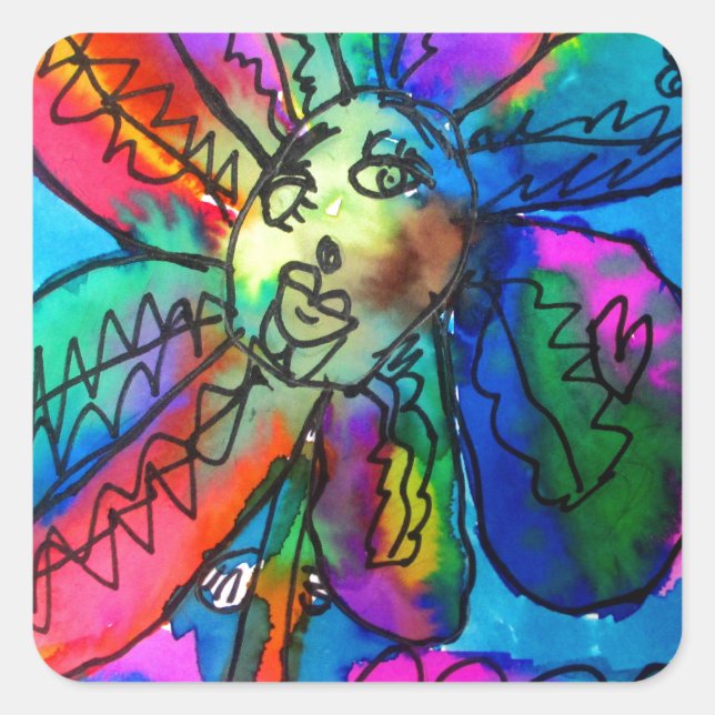 Happy Flower kid's art pink and blue pen and ink Square Sticker (Front)