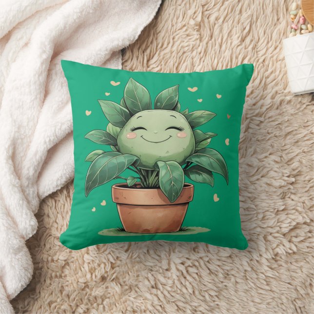 Happy Flower Pot Cute Plant Throw Pillow (Blanket)