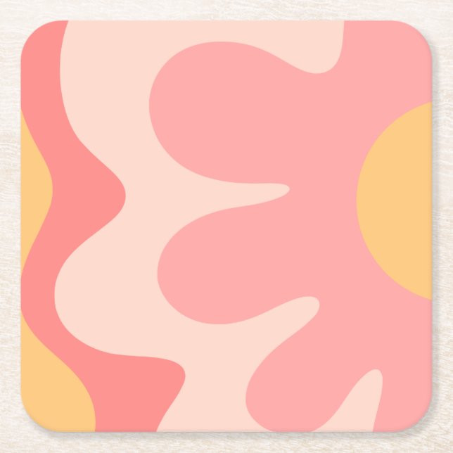 Happy Flower Retro 60s Blush Pink and Yellow Square Paper Coaster (Front)