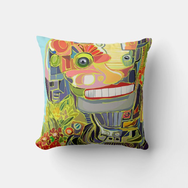 Happy Flower Robot Throw Pillow (Front)