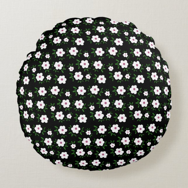 Happy Flowers on Black   Round Pillow (Front)