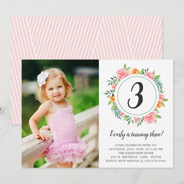 Happy Flowers Photo Birthday Invitation (Front/Back)