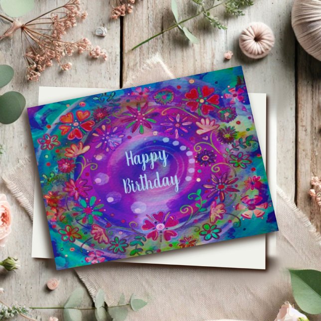Happy Flowers Purple Colorful Birthday Wishes Card (Creator Uploaded)