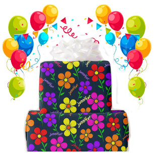 Happy Flowers Repeating Name Birthday Roll Wrapping Paper