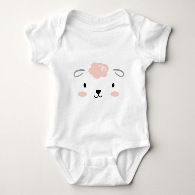 Happy Fluffy Pink Baby Sheep Face Baby Bodysuit (Front)