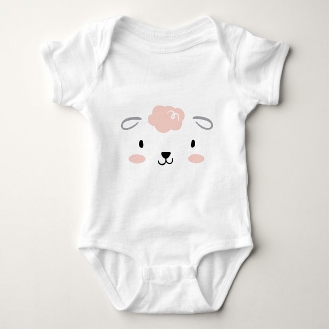 Happy Fluffy Pink Baby Sheep Face Bodysuit (Front)