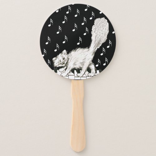 Happy Fluffy White Cat on Piano Keys Music Notes Hand Fan