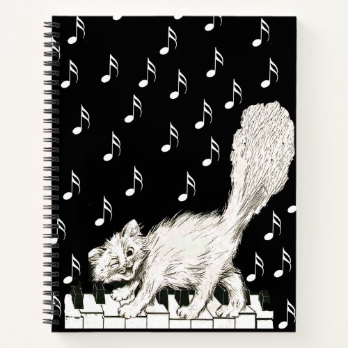 Happy Fluffy White Cat on Piano Keys Music Notes Notebook
